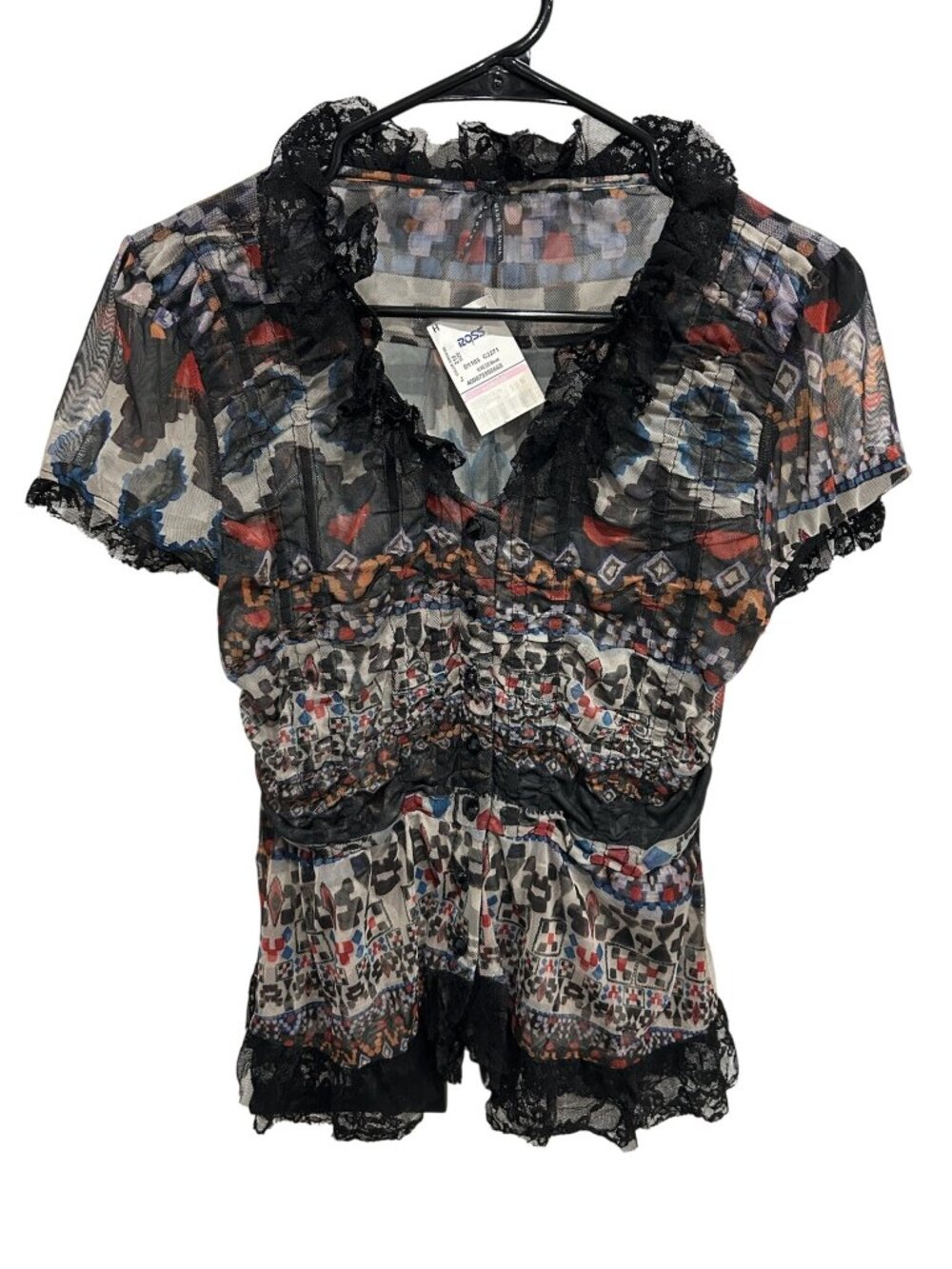 Lapis Large Sheer Lace Trim Button Front Blouse Black Multi Whimsigoth NEW